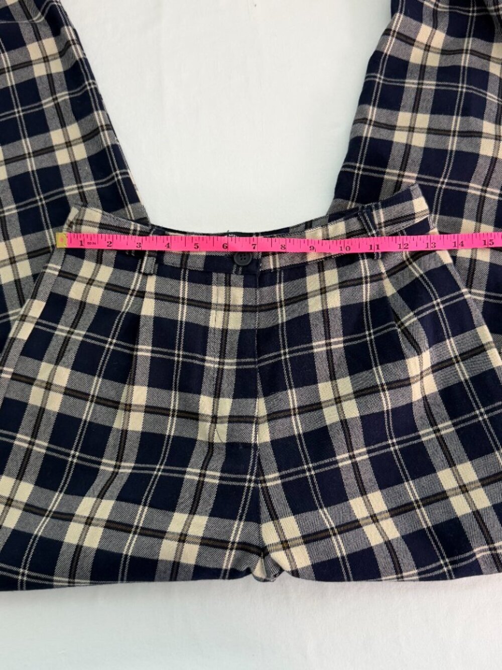 Brandy Melville Plaid Pants Navy Cream Tartan Straight Leg Preppy Academia - Picture 9 of 10